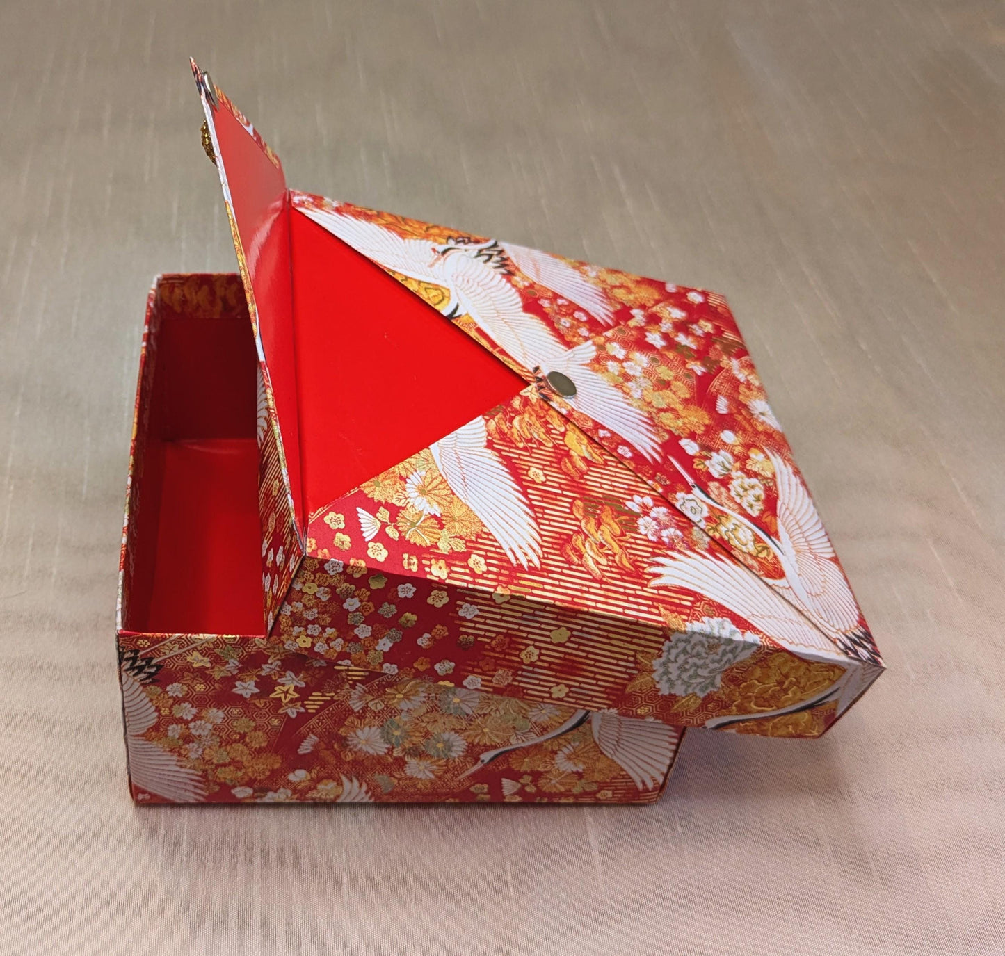 Japanese Red Gift Box with Cranes & Gold Accents - Handmade Keepsake