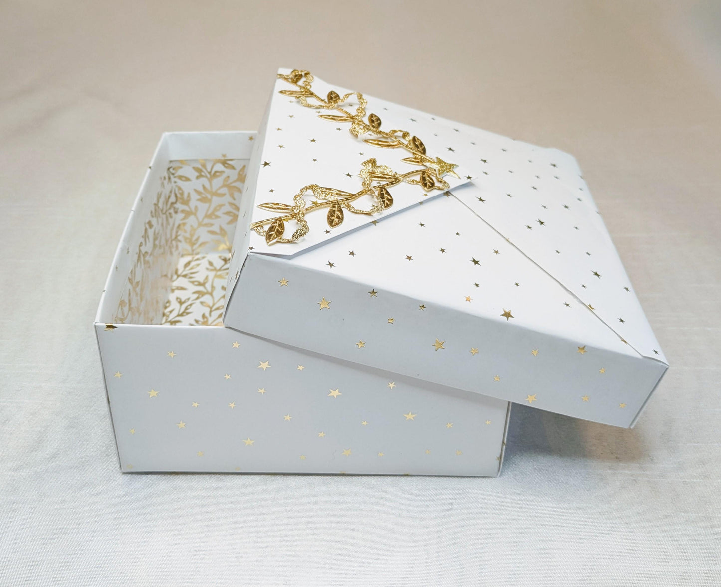 White & Gold Star Gift Box: Elegant Handmade Keepsake with Leaf Detail