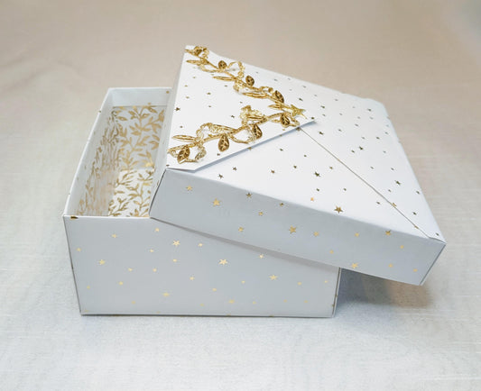 White & Gold Star Gift Box: Elegant Handmade Keepsake with Leaf Detail