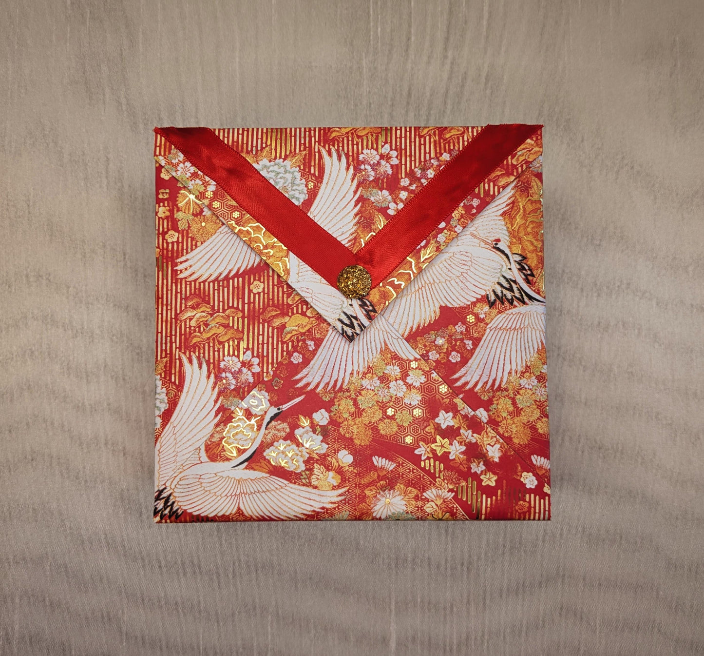 Japanese Red Gift Box with Cranes & Gold Accents - Handmade Keepsake