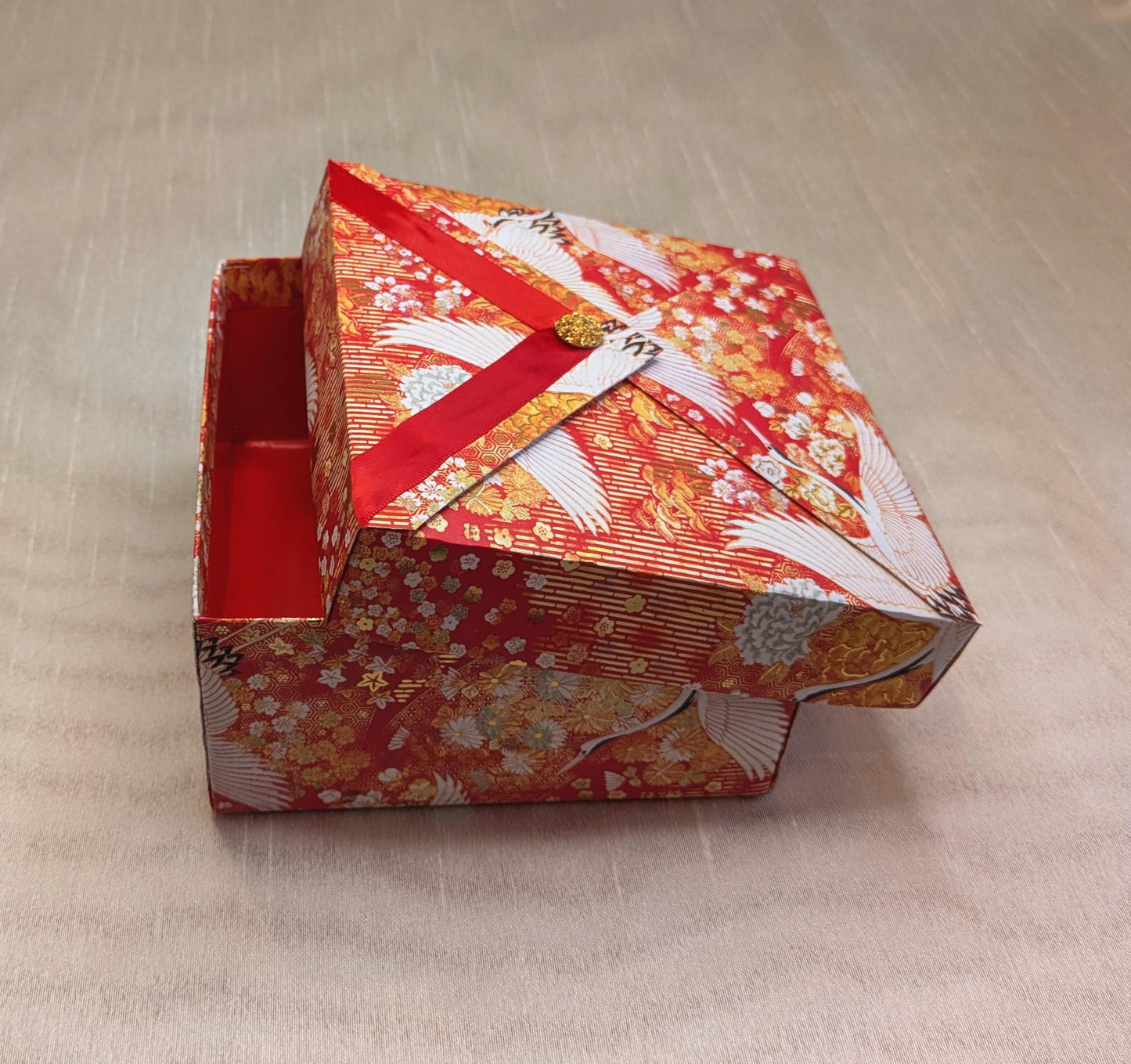 Japanese Red Gift Box with Cranes & Gold Accents - Handmade Keepsake