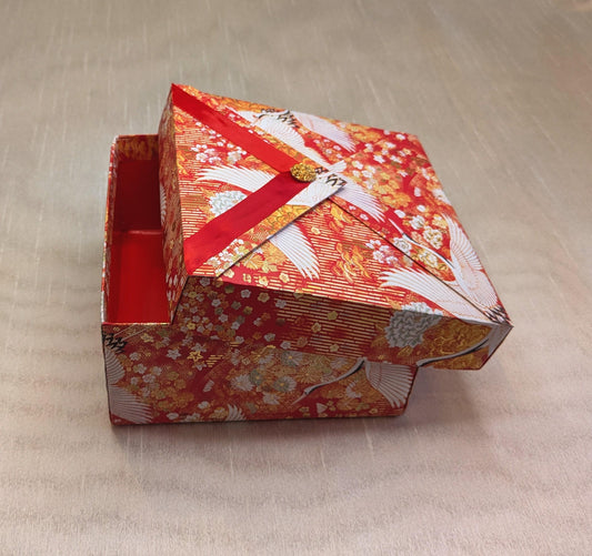 Japanese Red Gift Box with Cranes & Gold Accents - Handmade Keepsake